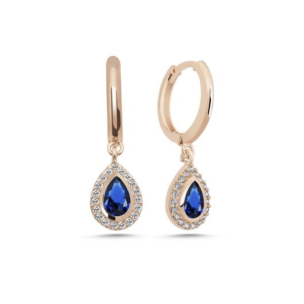 Sterling Silver Teardrop Huggie Hoops Earrings Set with Created Sapphire