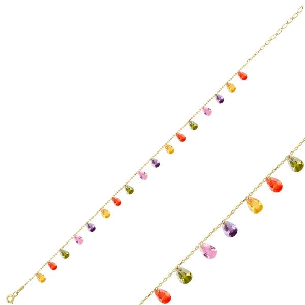 Teardrop Multicolour CZ Dangle Bracelet In Sterling Silver