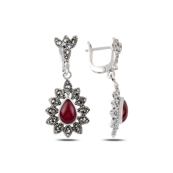 Teardrop Red Agate Earrings With Marcasite in Sterling Silver - Zehrai