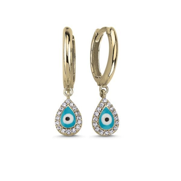Teardrop Turquoise Enamel Evil Eye Huggie Hoop Earrings In Sterling Silver - Zehrai