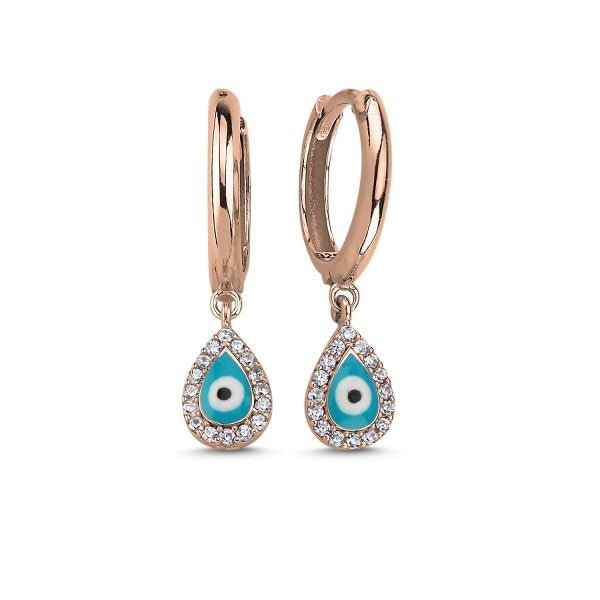 Teardrop Turquoise Enamel Evil Eye Huggie Hoop Earrings In Sterling Silver