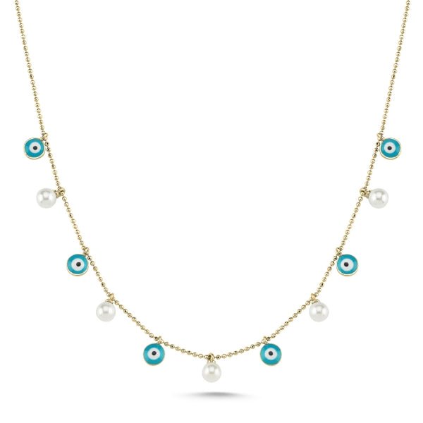 Turquoise Evil Eye & Cultured Fresh Water Pearl Choker Necklace In Sterling Silver