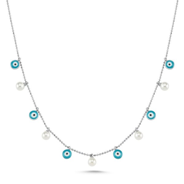 Turquoise Evil Eye & Cultured Fresh Water Pearl Choker Necklace In Sterling Silver - Zehrai