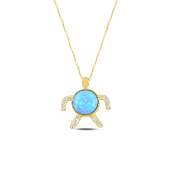 Turtle Necklace with Created Opal & CZ in Sterling Silver